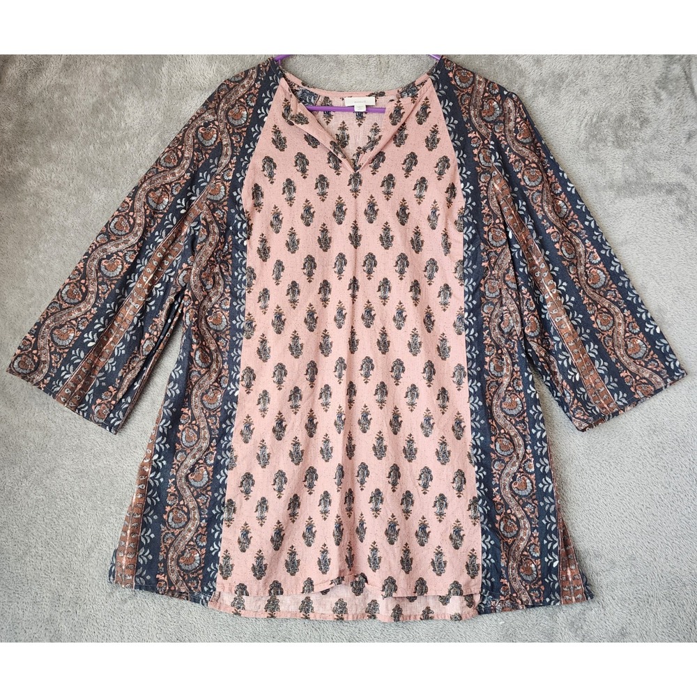 Pure Jill Shirt Womens Large Petite Pink Navy Paisley V-Neck Linen Tunic Top